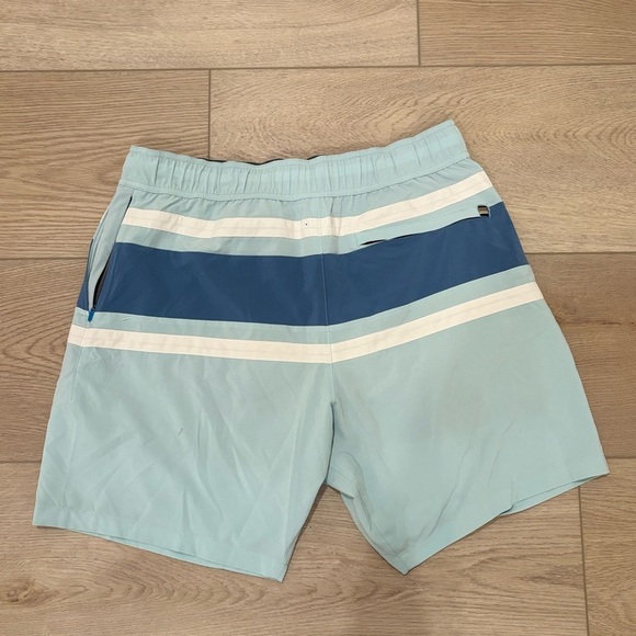 Faherty Lined Light Blue Swim Shorts with Navy Stripe - Picture 2 of 2